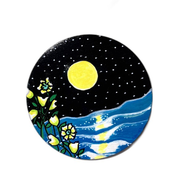 Hand Crafted Wooden Christmas Ornament with Moon, Starry Sky, lake, and flowers - Picture 4 of 4